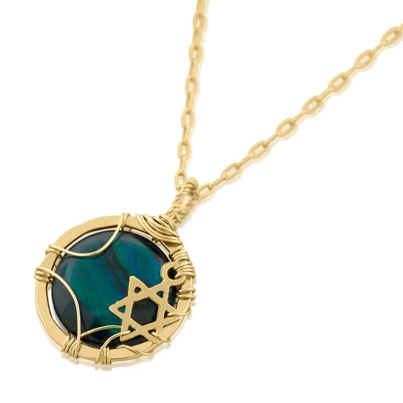 Gold Filled Wire Necklace with Star of David & Emerald Green Swarovski Crystal - 1