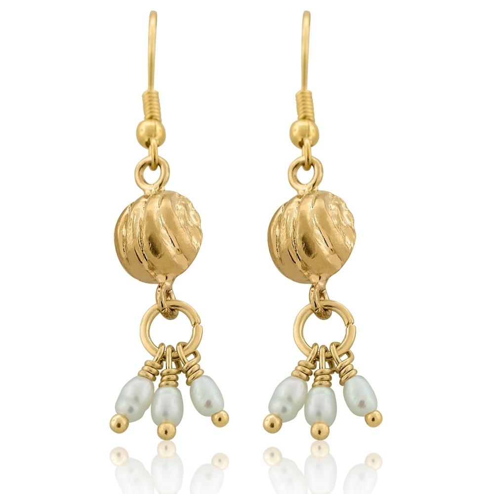 Golden Bell: Gold Plated Brass Dangling Earrings with Pearls - 1