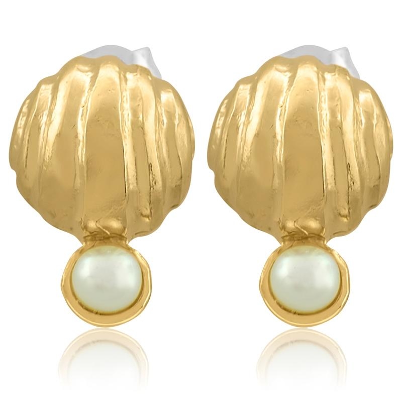 Golden Bell: Gold Plated Brass Stud Earrings with Pearls - 1