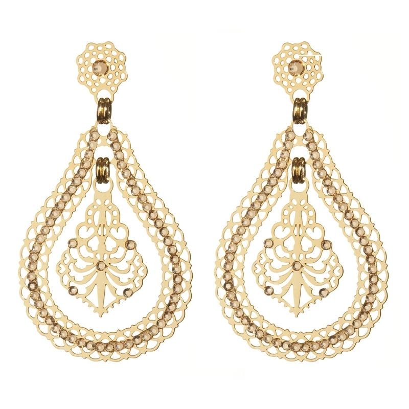 Golden Double Tear Drop Filigree Jeweled Earrings by LK Designs - 1