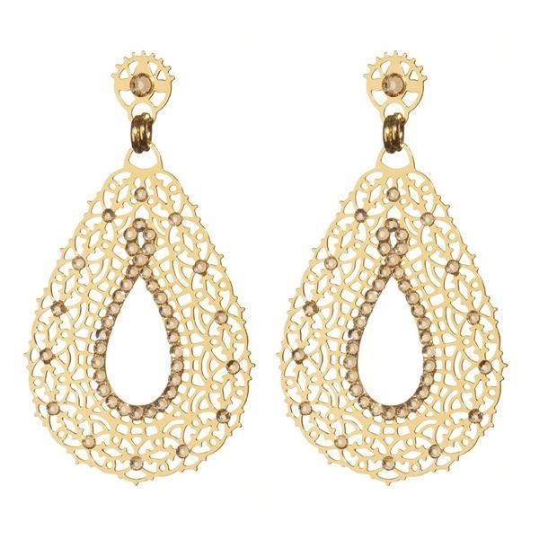 Golden Jeweled Tear Drop Earrings by LK Designs - 1