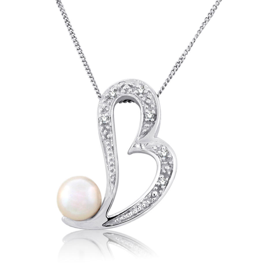 Heart: 14K White Gold & Diamond Pendant with Pearl - 1
