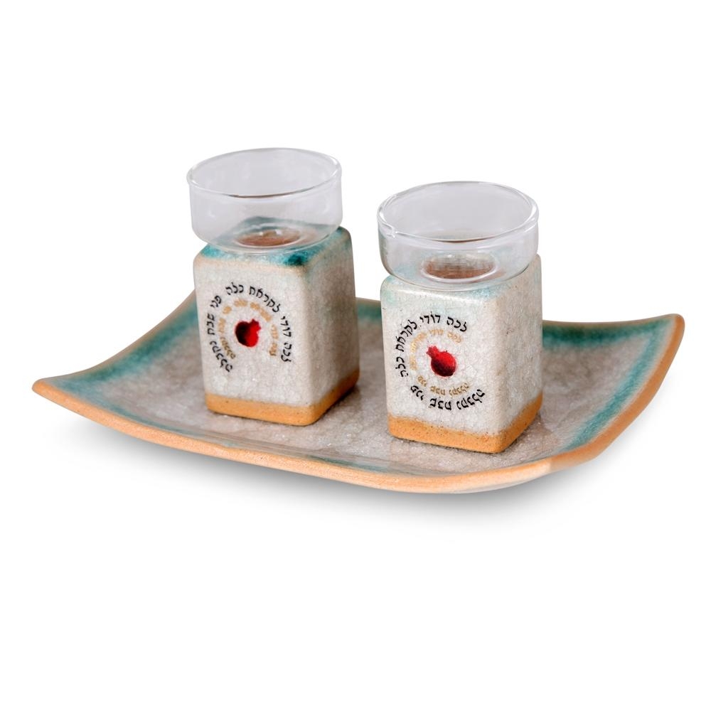 Handmade Ceramic Lecha Dodi and Pomegranate Candlesticks  - 2