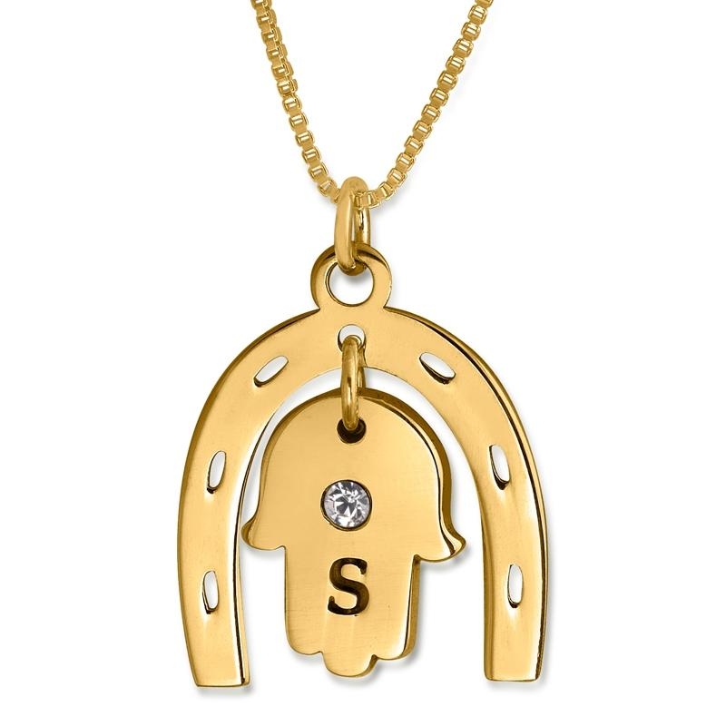 Gold Plated Initialized Horseshoe Necklace with Hamsa and Crystal (Hebrew / English) - 1