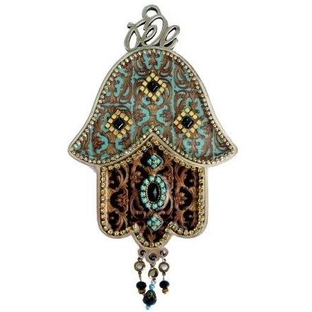 Iris Design Hand Painted Brown and Turquoise Hamsa with Czech Stones - 1