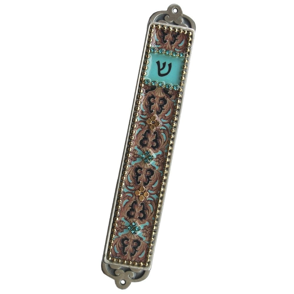 Iris Design Hand Painted Brown and Turquoise Mezuzah Case with Czech Stones - 1