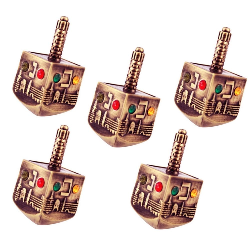Jerusalem: 5 Jeweled Metal Dreidels (Bronze Color) - 1