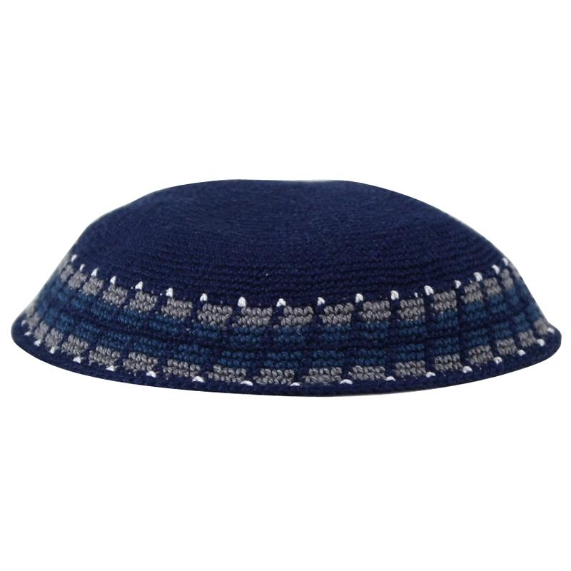 Knitted Blue Kippah with Gray and Blue Border - 1