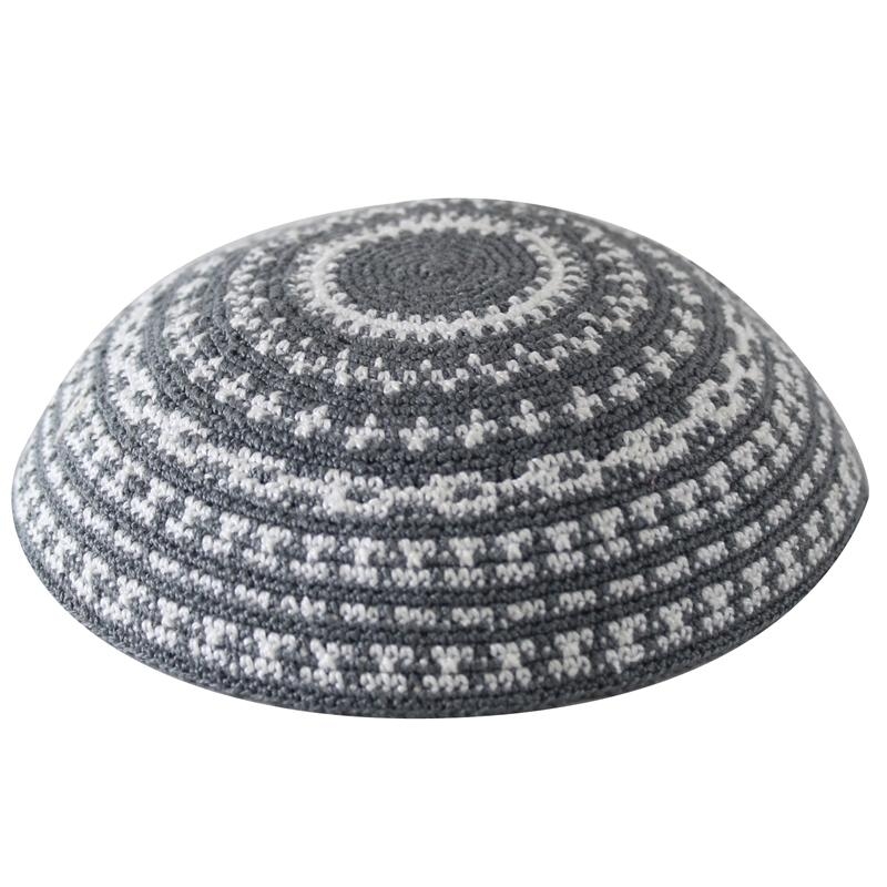 Knitted Gray Kippah with White Design - 1