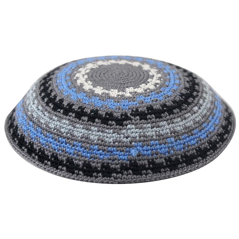 Knitted Kippah: Gray and Blue Design - 1