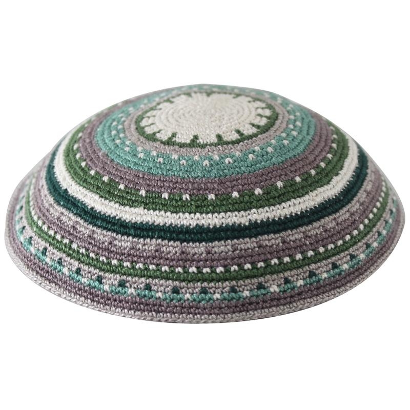 Knitted Kippah with Beige, Brown and Olive Green Design - 1