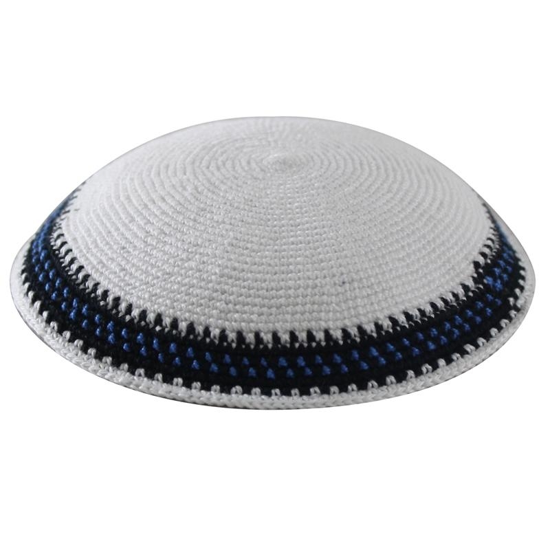 Knitted White Kippah with Blue and Black Border - 1