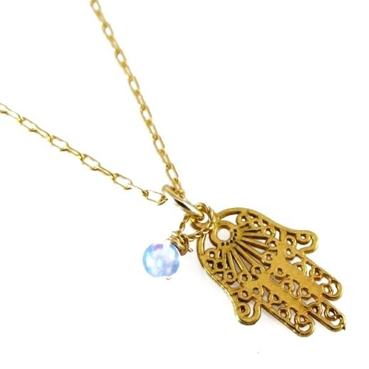 Lace: Gold Filled Hamsa Necklace with Opal - 2