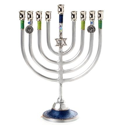 Large Aluminum Hanukkah Menorah: Star of David (Green & Blue). Lily Art - 1