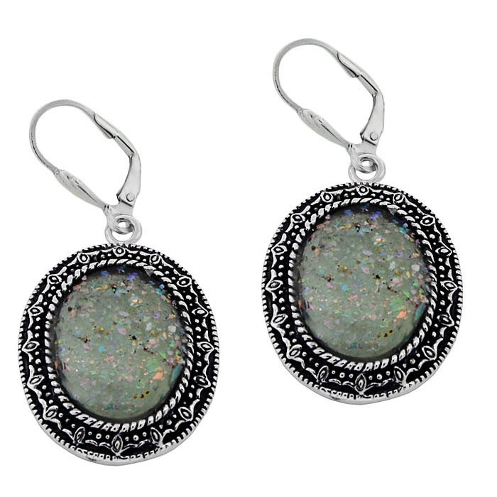  Large Oval Roman Glass Earrings with Broad Ornate Sterling Silver Cameo Style Frame - 1
