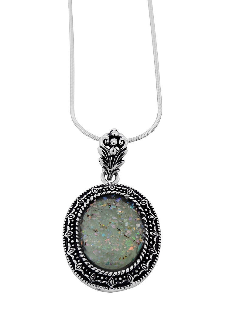  Large Oval Roman Glass Necklace with Broad Ornate Sterling Silver Cameo Style Frame - 1