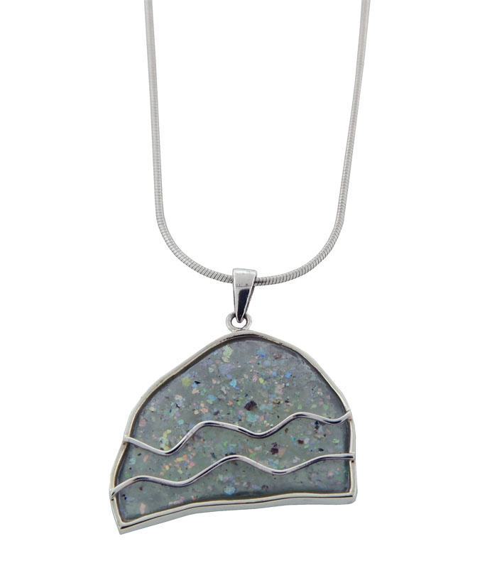  Large Roman Glass and Sterling Silver Necklace. Waves - 1