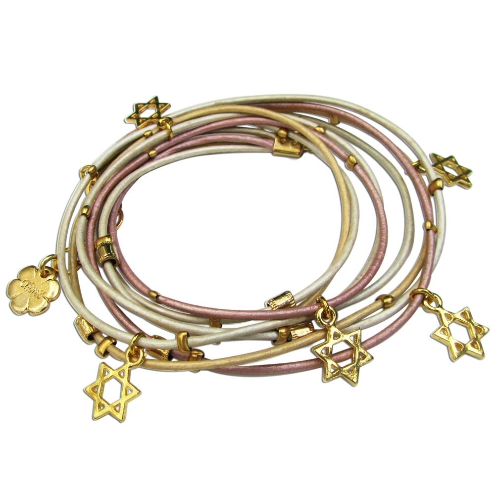 Leather Cord Wrap Bracelet with Star of David Symbols - 1