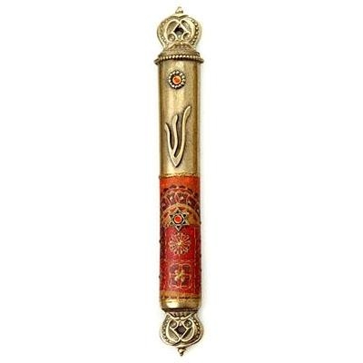 Lily Art Brass Crown Mezuzah Case with Star of David (Red) - 1