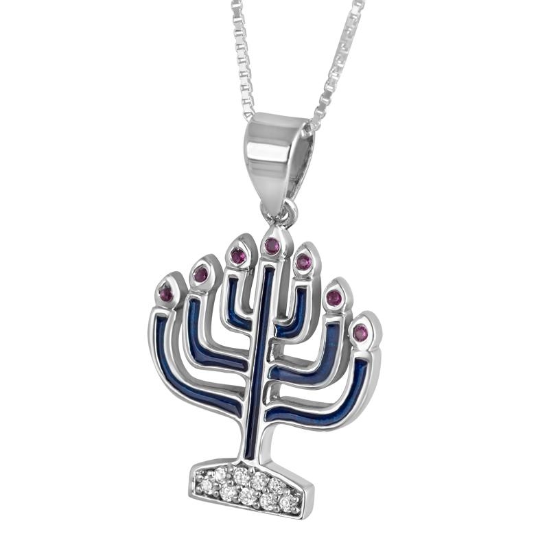 Marina Menorah Necklace with Red Rubies and  Cubic Zirconia  - 1