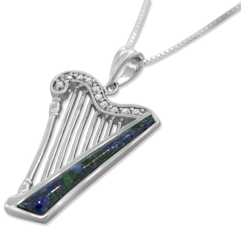 Marina Stainless Steel Harp Necklace with Azurite Stone and Cubic Zirconia - 1