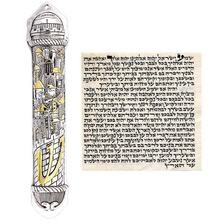 Mezuzah Parchment (5.9") with Large Silver Jerusalem Mezuza Case (KR-4144) - 1