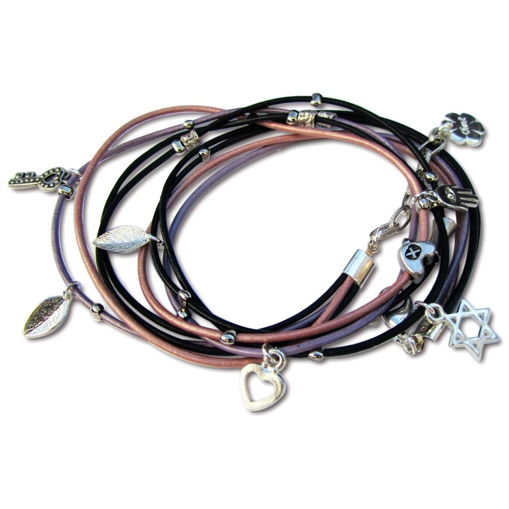 Multi-Leather Cord Wrap Bracelet with Jewish Charms  - 1