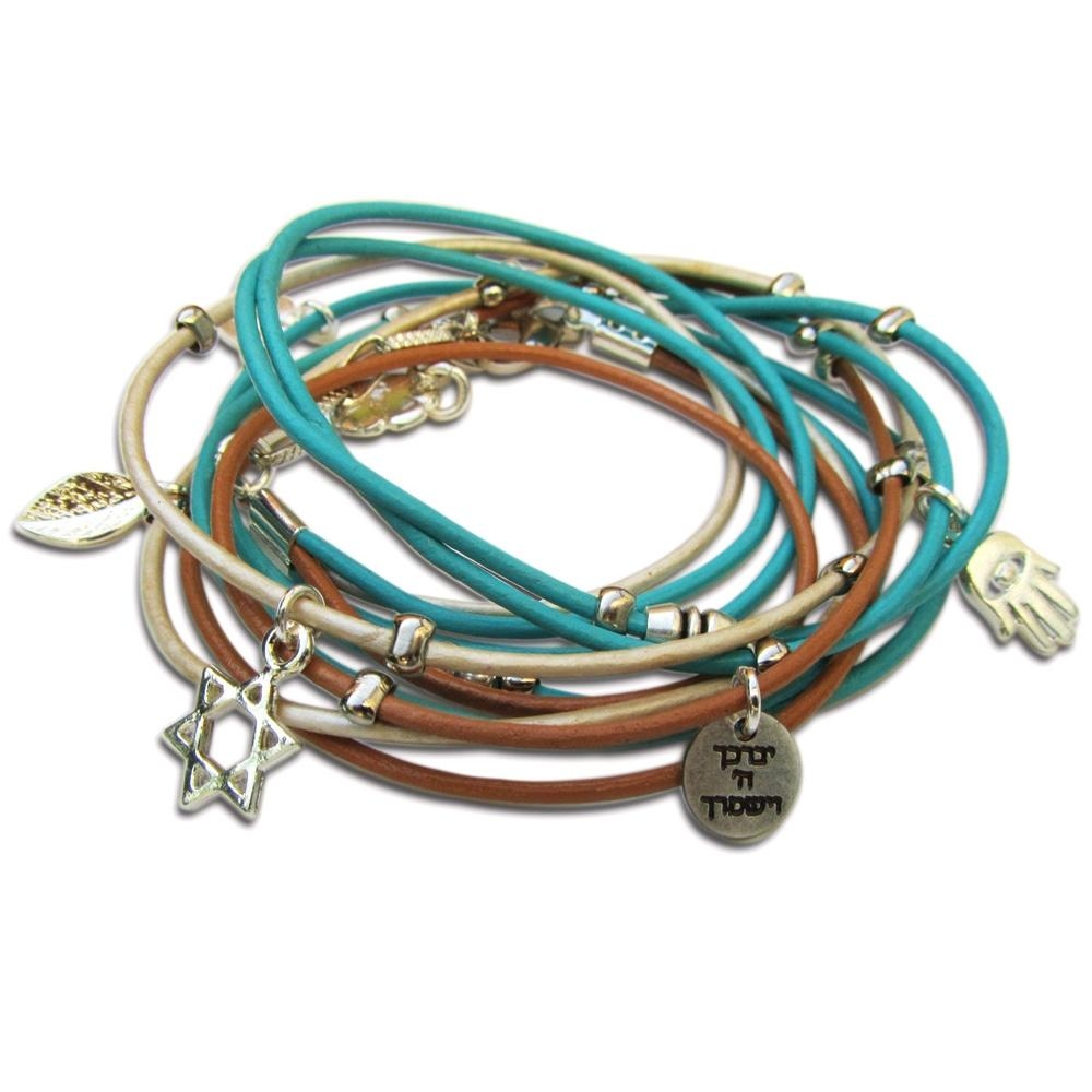 Multi-Leather Cord Wrap Bracelet with Jewish Charms - Priestly Blessing - 1