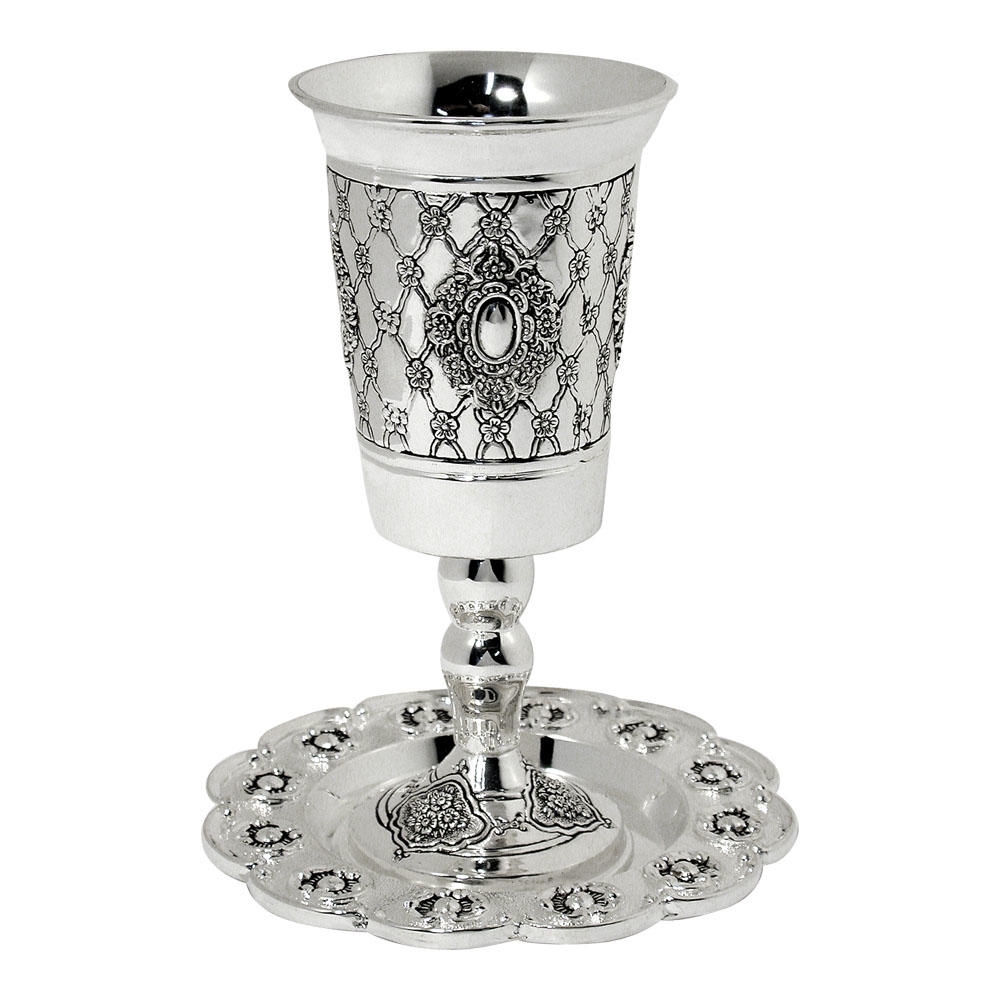  Nickel Plated Kiddush Cup with Stem - Flowers and Shield - 1