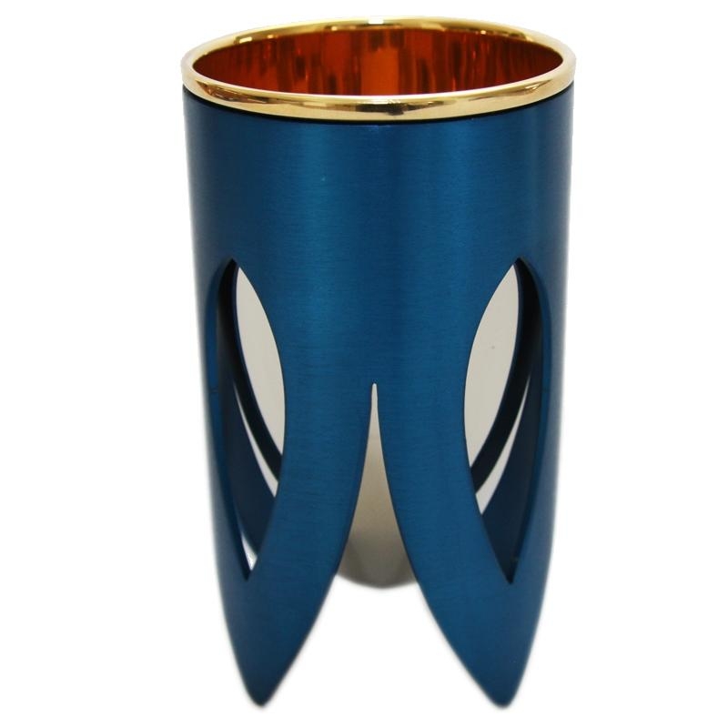 Nickel and 24K Gold Plated Interior Kiddush Cup - Lotus (Blue). Caesarea Arts - 1