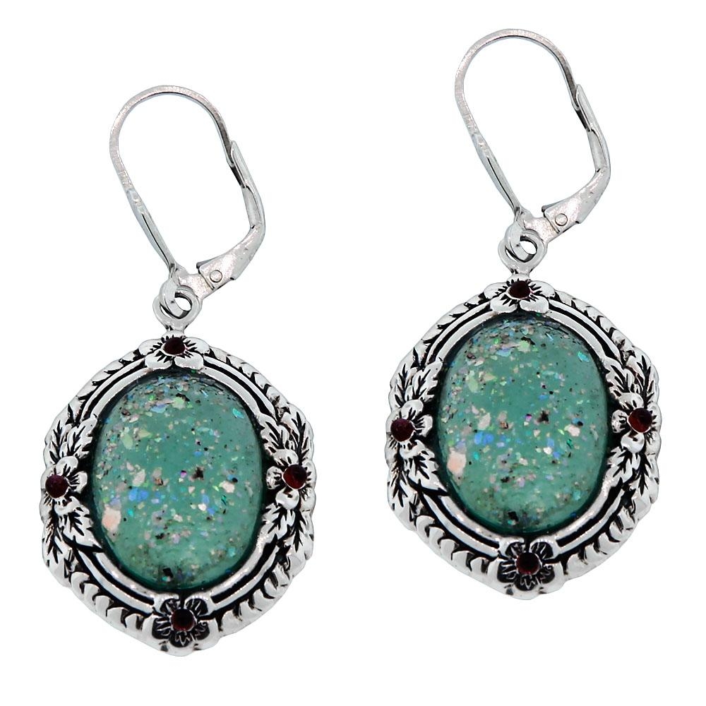   Oval Roman Glass Earrings with Jeweled Sterling Silver Floral Frame - 1