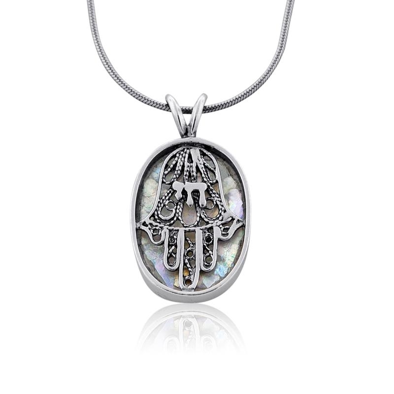   Oval Silver Necklace with Roman Glass and Hamsa - 1