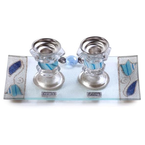 Painted Glass Candlesticks with Tray: Pomegranates (Blue). Lily Art - 1