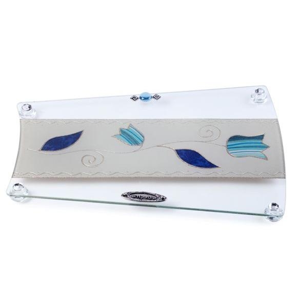 Painted Glass Challah Board: Blue Tulips. Lily Art - 1