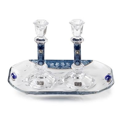 Painted Glass Hebraic Column Candlesticks with Tray: Floral Blue. Lily Art - 1