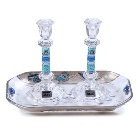 Painted Glass Hebraic Column Candlesticks with Tray: Flowers & Pomegranates (Blue). Lily Art - 1