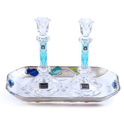 Painted Glass Hebraic Column Candlesticks with Tray: Pomegranates (Light Blue). Lily Art - 1