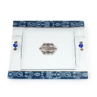 Painted Glass Matzah Tray: Floral Blue. Lily Art - 1