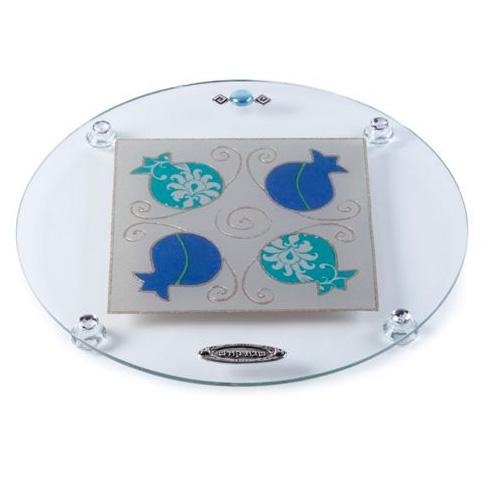 Painted Glass Round Challah Board: Pomegranates (Blue & Turquoise). Lily Art - 1