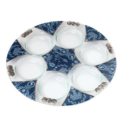 Painted Glass Seder Plate: Floral Blue. Lily Art - 1