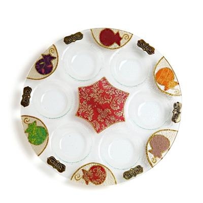 Painted Glass Seder Plate: Pomegranates & Star of David. Lily Art - 1