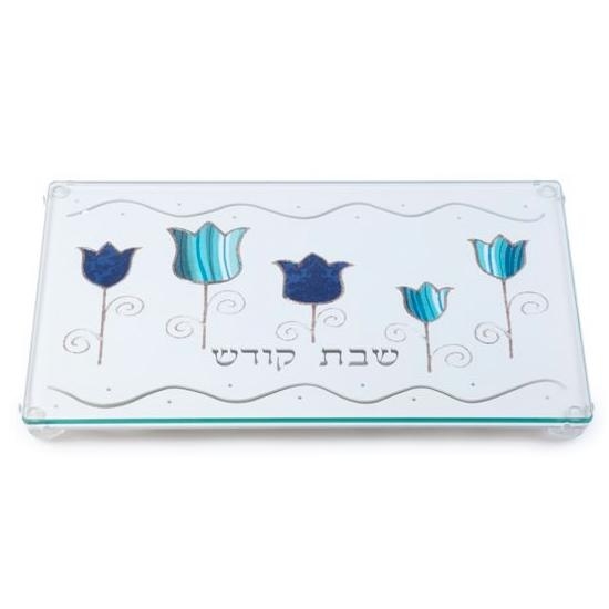 Painted Stainless Steel Challah Board: Blue Tulips. Lily Art - 1