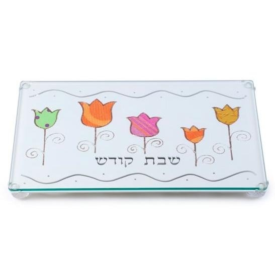 Painted Stainless Steel Challah Board: Orange Tulips. Lily Art - 1