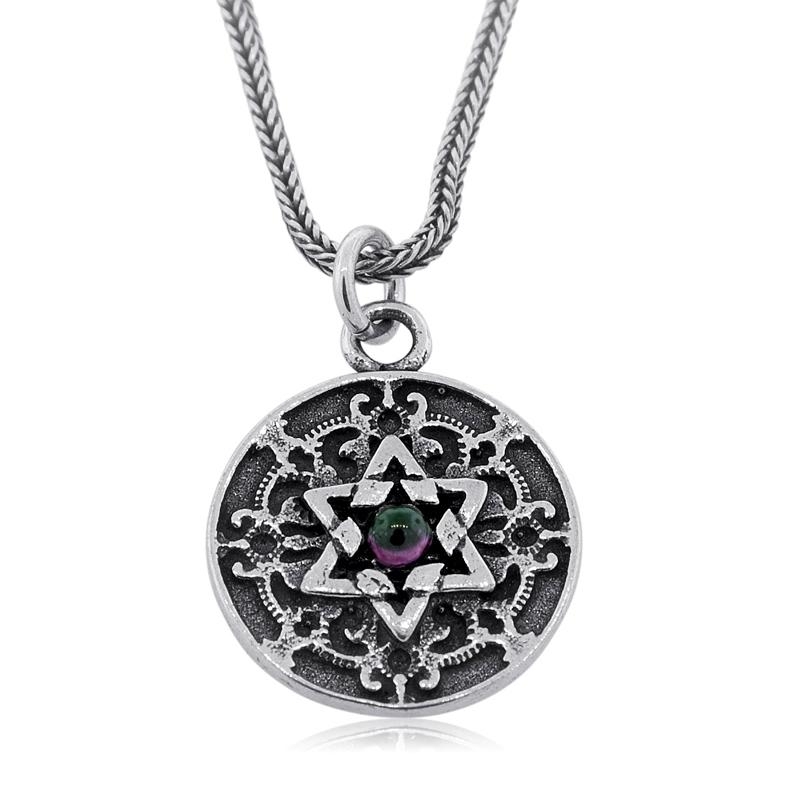 Priestly Blessing: Double Sided Ornate Disk Star of David Pendant with Garnet - 2