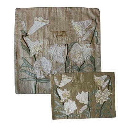 Raw Silk Appliqued Matzah Cover and Afikoman Bag Set-Flowers (White) - 1