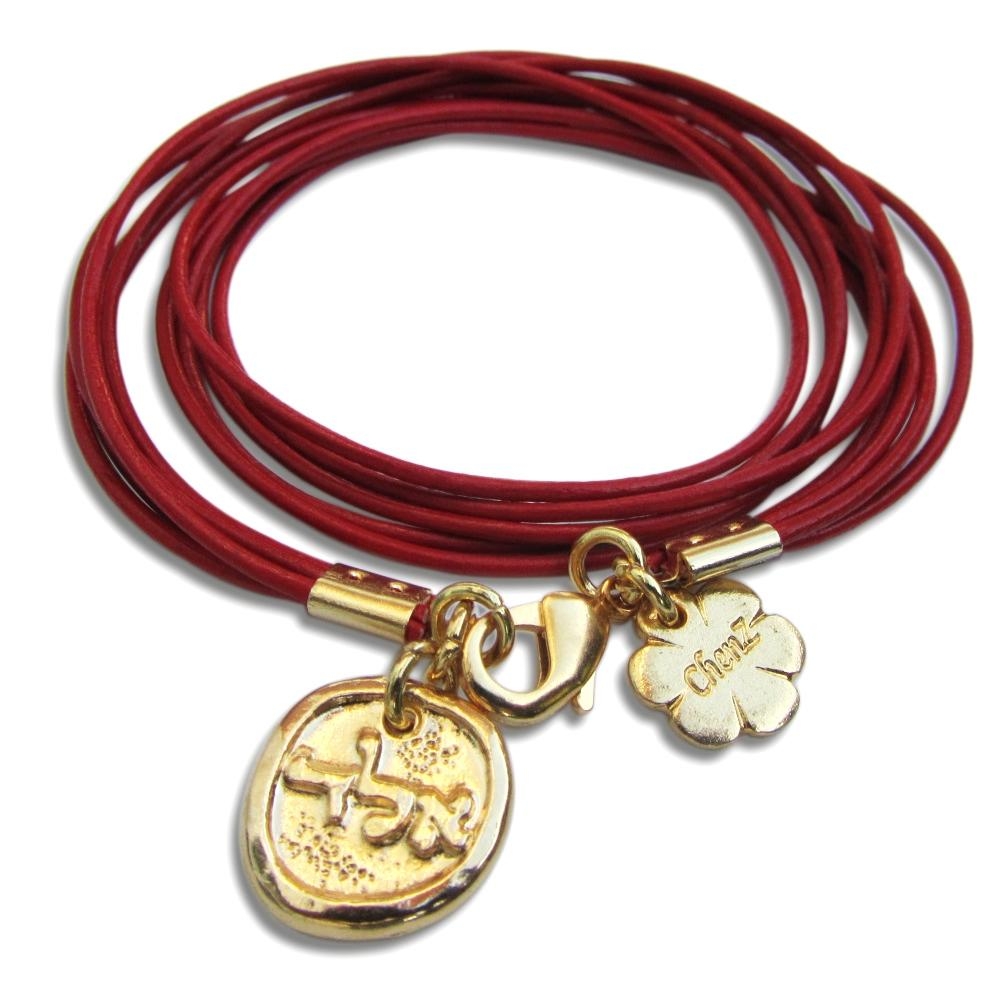 Red Multi-Leather Cord Wrap Bracelet with Gold Plated Kabbalistic Inscription - 1