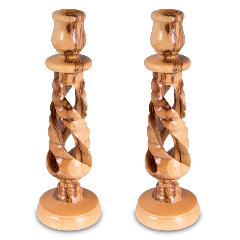 Ringed Spiral: Olive Wood Candlesticks (Small) - 1