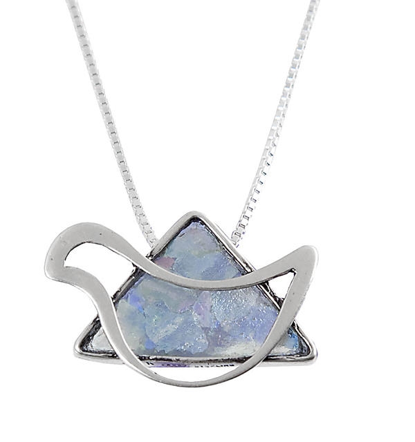   Roman Glass Silver Necklace Dove / Star of David Shape - 1