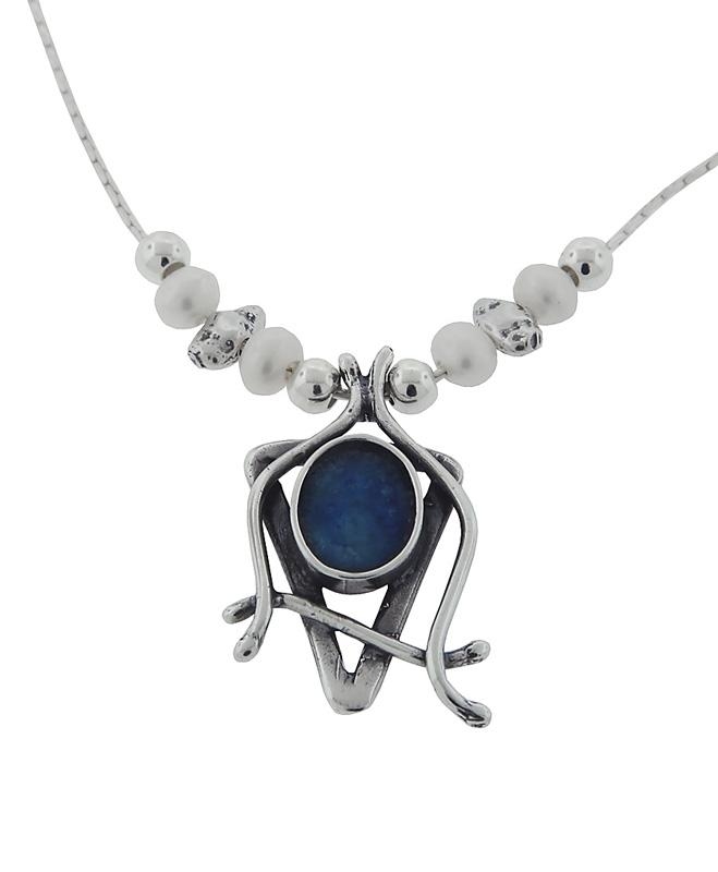    Roman Glass and Pearl Sterling Silver Necklace - Eclectic Star of David - 1