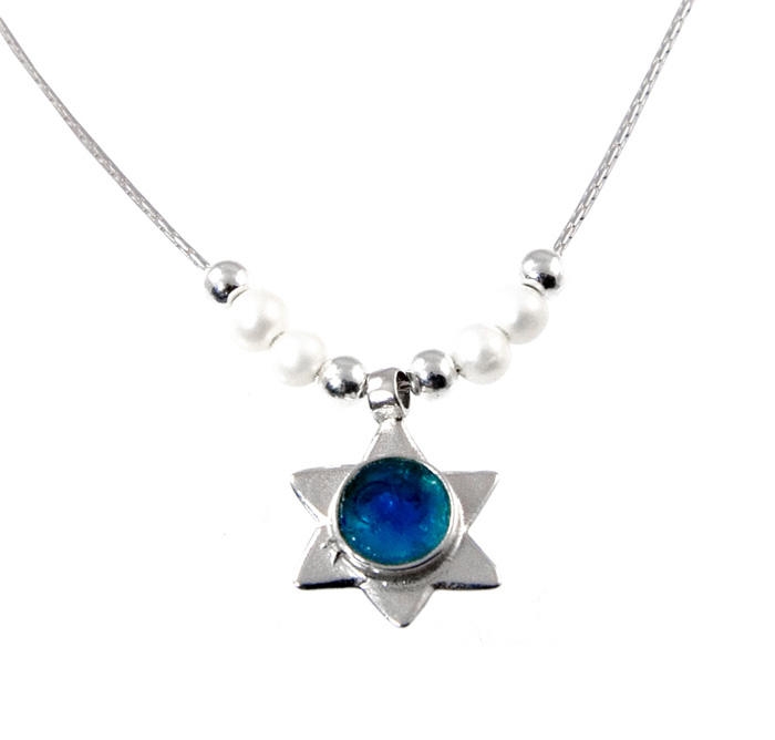   Roman Glass and Pearl Sterling Silver Star of David Necklace - 1